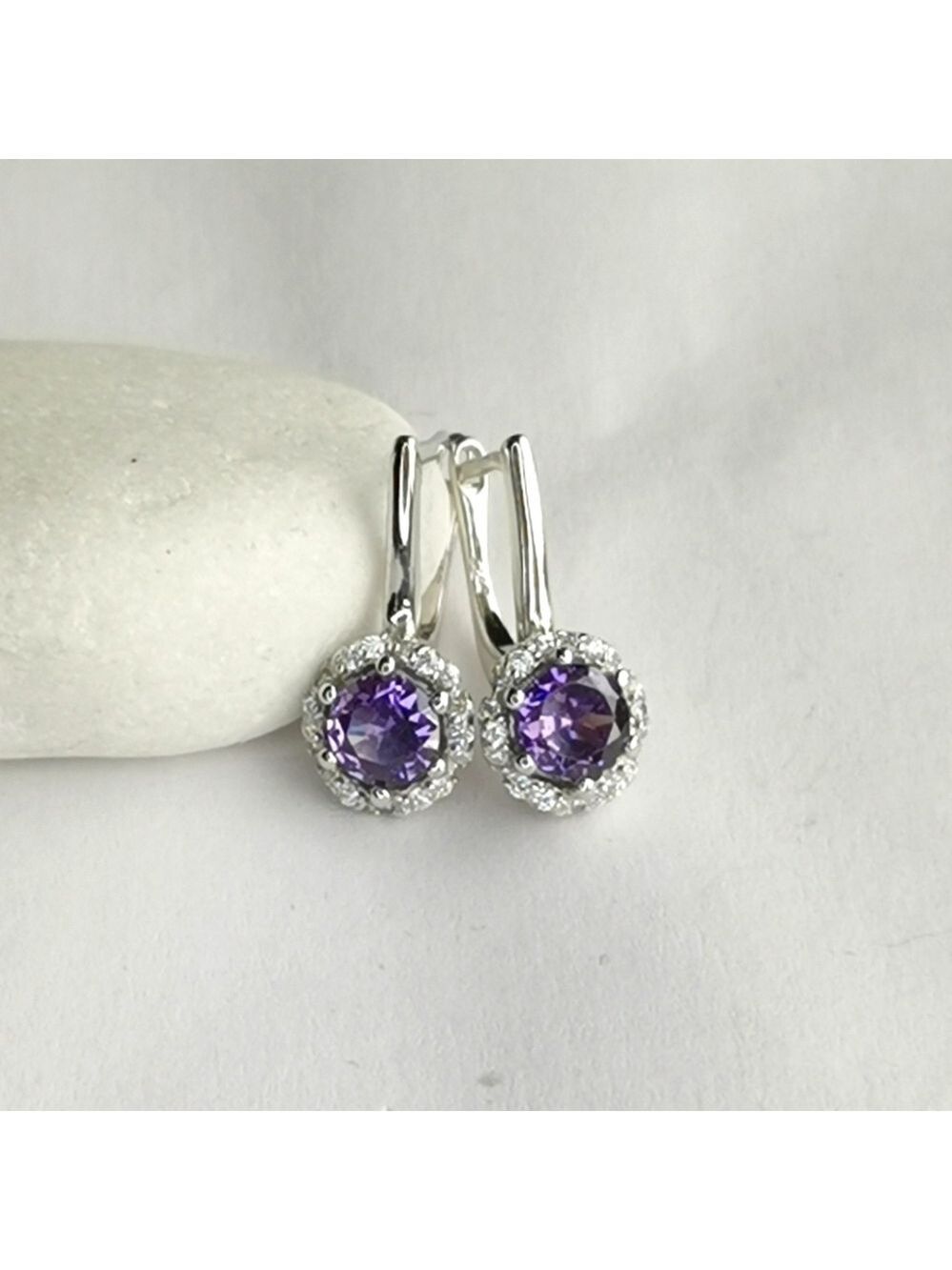 Amethyst CZ halo lever back earrings Sterling Silver 🆕